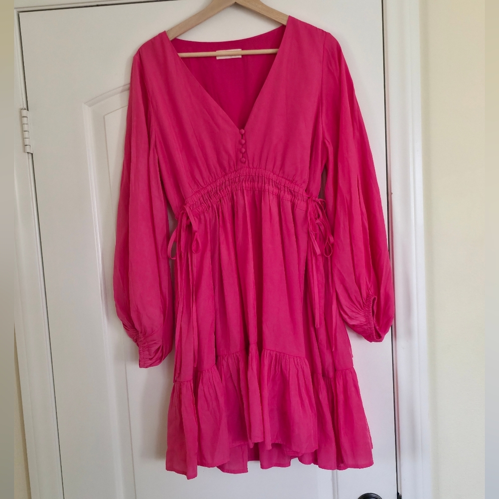 Hot Pink Mini Dress Flowy Puff Long Slevee Coquette Romantic Barbiecore Summer - Picture 2 of 7